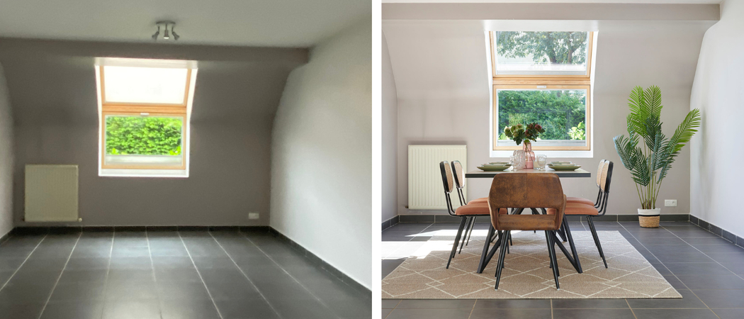 avant apres home staging salle a manger avec table chaises plante